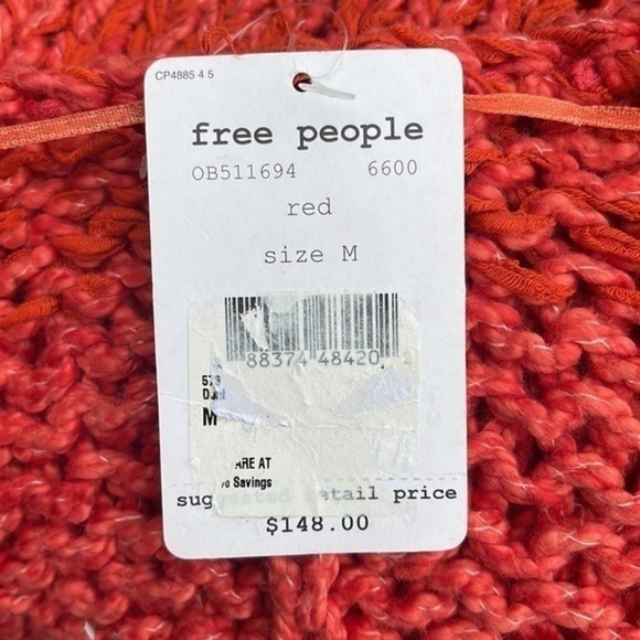 NWT Free People Georgia V Neck Chunky Knit Tunic Sweater in Red Size Medium - Picture 11 of 11